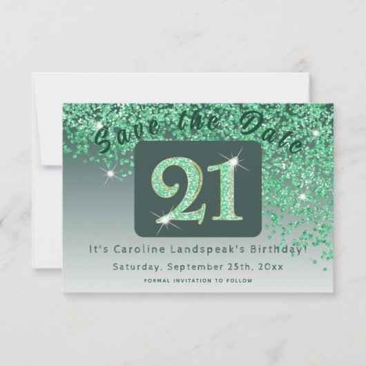 Shiny Green Glitter voor 21e verjaardag Save The Date (Voorkant)