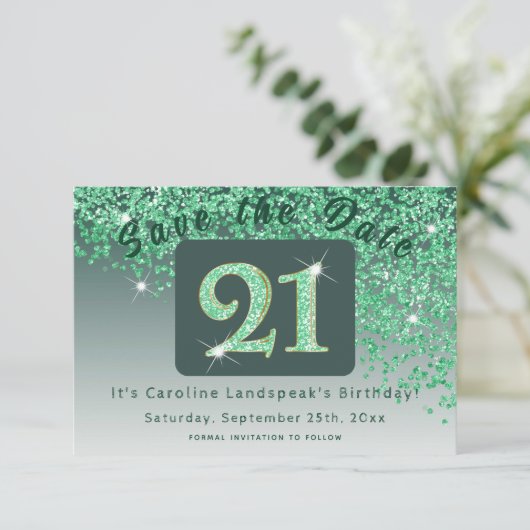 Shiny Green Glitter voor 21e verjaardag Save The Date (Staand voorkant)