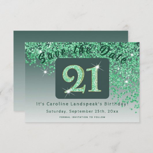Shiny Green Glitter voor 21e verjaardag Save The Date (Voorkant / Achterkant)