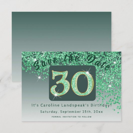Shiny Green Glitter voor 30e verjaardag Save The Date (Voorkant / Achterkant)