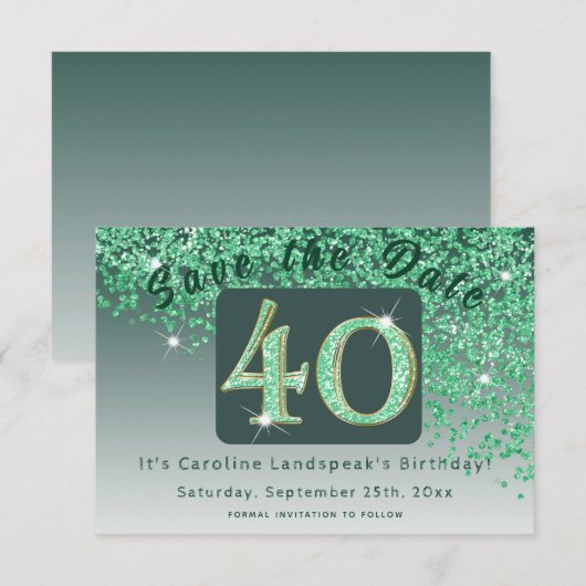 Shiny Green Glitter voor 40e verjaardag Save The Date (Voorkant / Achterkant)