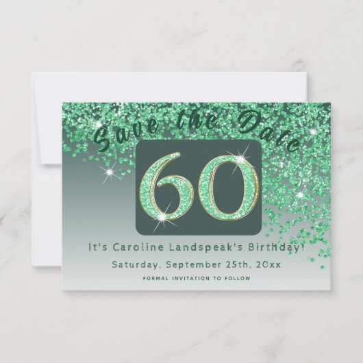 Shiny Green Glitter voor 60e verjaardag Save The Date (Voorkant)
