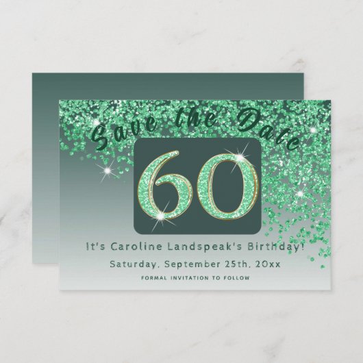 Shiny Green Glitter voor 60e verjaardag Save The Date (Voorkant / Achterkant)