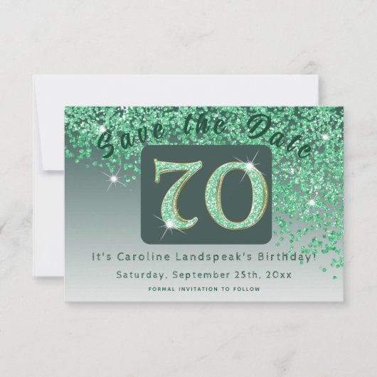 Shiny Green Glitter voor 70e verjaardag Save The Date (Voorkant)