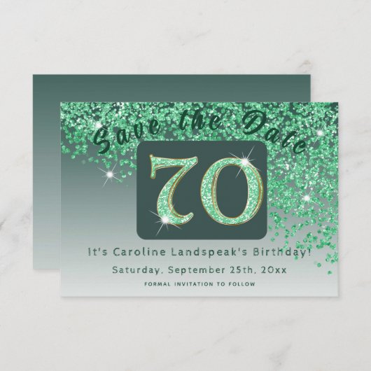 Shiny Green Glitter voor 70e verjaardag Save The Date (Voorkant / Achterkant)