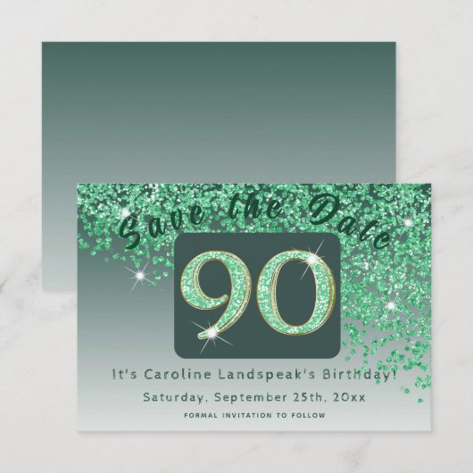 Shiny Green Glitter voor 90e verjaardag Save The Date (Voorkant / Achterkant)