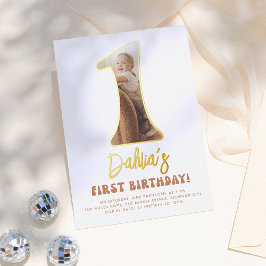 Shiny Groovy One Boho 70s Foto 1st Birthday Party Folie Uitnodiging