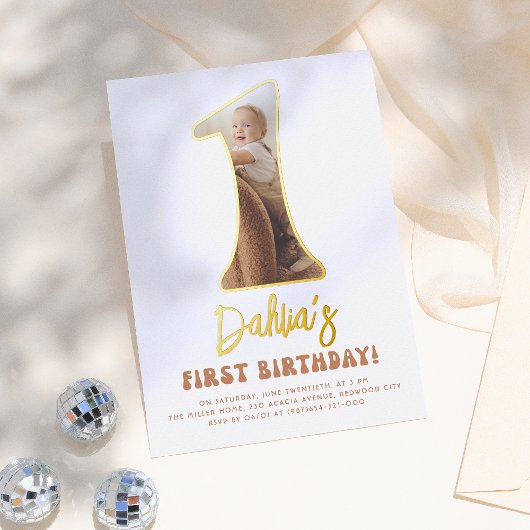 Shiny Groovy One Boho 70s Foto 1st Birthday Party Folie Uitnodiging