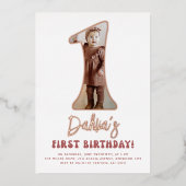 Shiny Groovy One Retro Pink Foto 1e verjaardag Folie Uitnodiging (Voorkant)