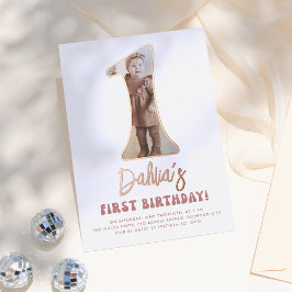 Shiny Groovy One Retro Pink Foto 1e verjaardag Folie Uitnodiging