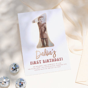 Shiny Groovy One Retro Pink Foto 1e verjaardag Folie Uitnodiging