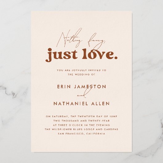 Shiny Just Love Crème Terracotta Retro Bruiloft Folie Uitnodiging (Achterkant)