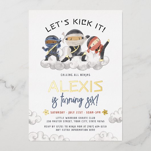 Shiny Laten we schoppen Ninja Martial Arts Verjaar Folie Uitnodiging (Voorkant)