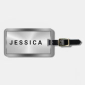 Shiny Metallic Faux Zilver Zwart Typografie Bagagelabel (Voorkant horizontaal)