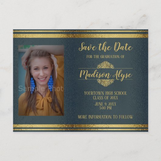 Shiny Navy Blue and Gold Photo Afstuderen Briefkaart (Voorkant)