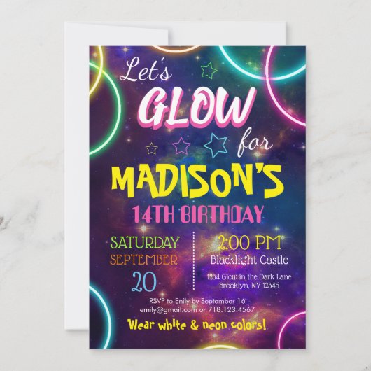 Shiny Neon Glow Birthday Party Custom RSVP Kaart (Voorkant)