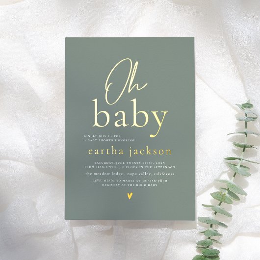 Shiny Oh Baby Script Sage Green Boho Baby shower Folie Uitnodiging