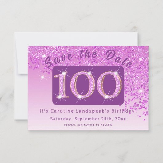 Shiny Pink Glitter voor 100e verjaardag Save The Date (Voorkant)