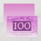 Shiny Pink Glitter voor 100e verjaardag Save The Date (Voorkant / Achterkant)
