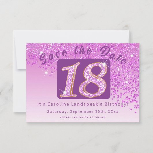 Shiny Pink Glitter voor 18e verjaardag Save The Date (Voorkant)