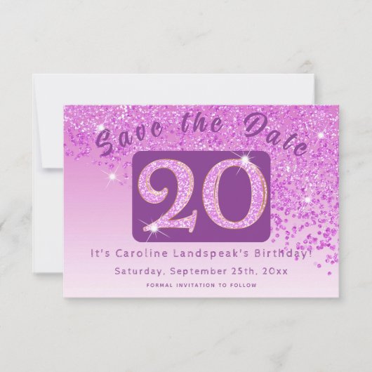 Shiny Pink Glitter voor 20e verjaardag Save The Date (Voorkant)