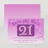 Shiny Pink Glitter voor 21e verjaardag Save The Date (Voorkant / Achterkant)
