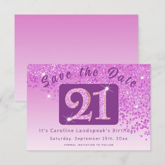 Shiny Pink Glitter voor 21e verjaardag Save The Date (Voorkant / Achterkant)
