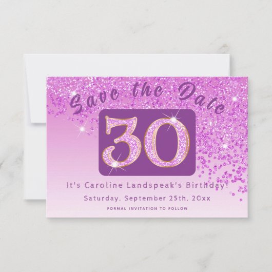 Shiny Pink Glitter voor 30e verjaardag Save The Date (Voorkant)