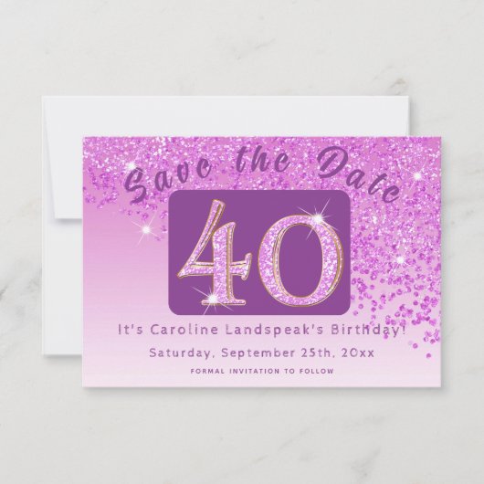 Shiny Pink Glitter voor 40e verjaardag Save The Date (Voorkant)