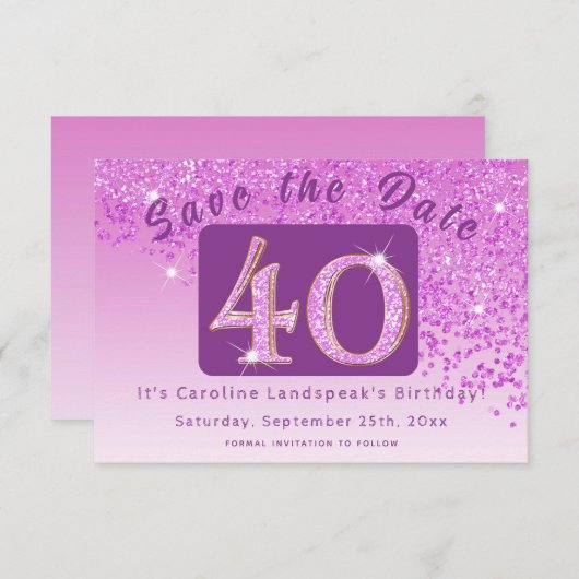 Shiny Pink Glitter voor 40e verjaardag Save The Date (Voorkant / Achterkant)