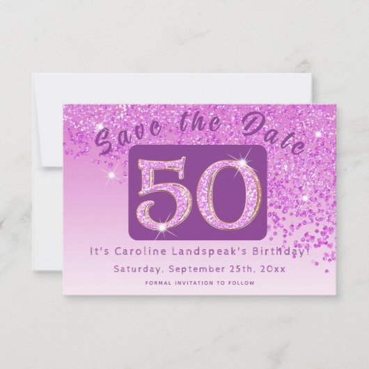 Shiny Pink Glitter voor 50e verjaardag Save The Date (Voorkant)
