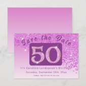 Shiny Pink Glitter voor 50e verjaardag Save The Date (Voorkant / Achterkant)