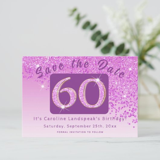 Shiny Pink Glitter voor 60e verjaardag Save The Date (Staand voorkant)