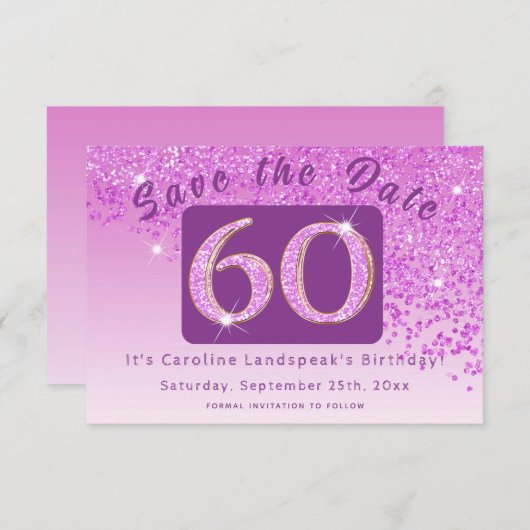 Shiny Pink Glitter voor 60e verjaardag Save The Date (Voorkant / Achterkant)
