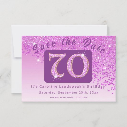 Shiny Pink Glitter voor 70e verjaardag Save The Date (Voorkant)