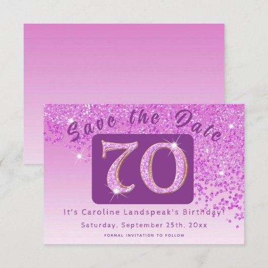 Shiny Pink Glitter voor 70e verjaardag Save The Date (Voorkant / Achterkant)