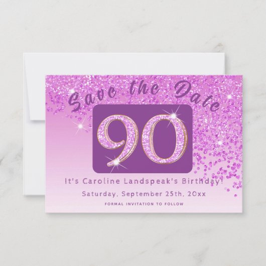Shiny Pink Glitter voor 90e verjaardag Save The Date (Voorkant)