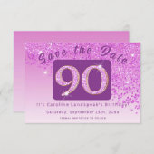 Shiny Pink Glitter voor 90e verjaardag Save The Date (Voorkant / Achterkant)