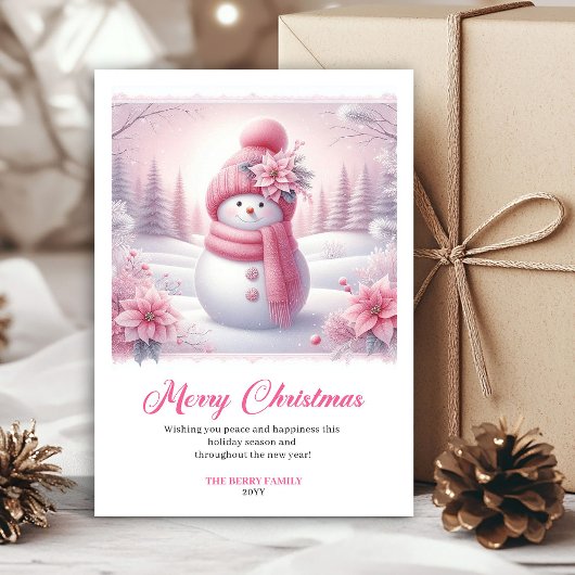 Shiny pink snowman kids card editable digital art feestdagenkaart