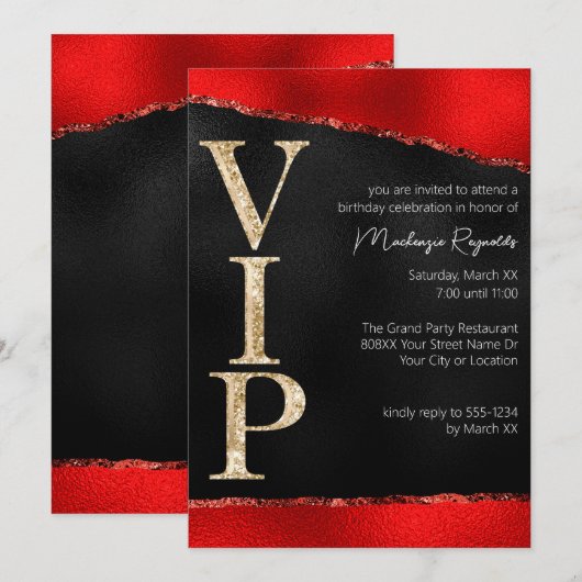 Shiny Red and Gold Glitter Glamorous VIP Party Kaart (Voorkant / Achterkant)