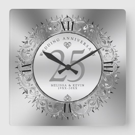 Shiny Silve Swirls Circle 25th bruiloft Vierkante Klok (Voorkant)