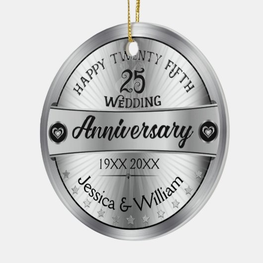 Shiny Silver 25th Wedding Jubileum Keramisch Ornament (Links)