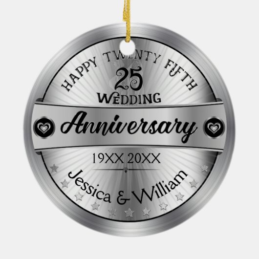 Shiny Silver 25th Wedding Jubileum Keramisch Ornament (Achterkant)