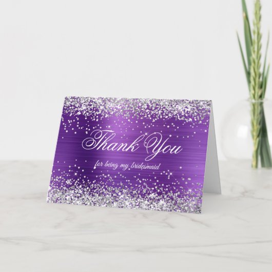 Shiny Silver Glitter Amethyst Folie Bridesmaid Bedankkaart (Voorkant)
