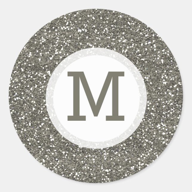 Shiny Silver Glitter Monogram Seal Ronde Sticker (Voorkant)