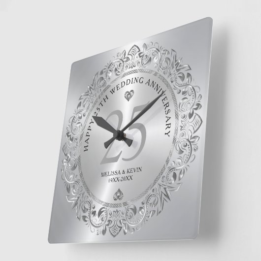Shiny Silver Swirls Circle 25 Wedding Vierkante Klok (Hoek)