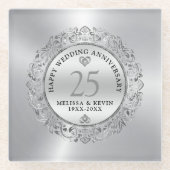 Shiny Silver Swirls Circle Lijst 25e bruiloft Glazen Onderzetter (Voorkant)