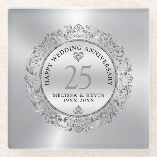 Shiny Silver Swirls Circle Lijst 25e bruiloft Glazen Onderzetter (Voorkant)