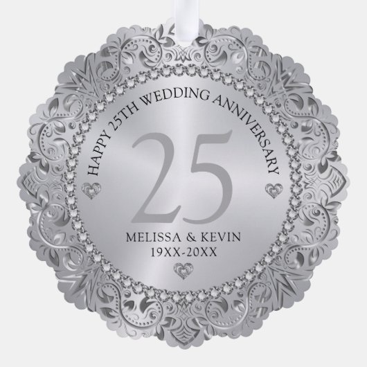 Shiny Silver Swirls Circle Lijst 25e bruiloft Ornament Kaart (Achterkant)