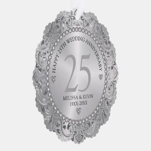 Shiny Silver Swirls Circle Lijst 25e bruiloft Ornament Kaart (Rechts)